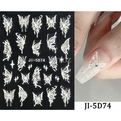 5D Flowers Nail Stickers Embossed Decals Simple Acrylic White Petal Golden Stripe Lines Art Manicure Decoration LEBJI-5D43 Leedoar