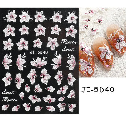 5D Flowers Nail Stickers Embossed Decals Simple Acrylic White Petal Golden Stripe Lines Art Manicure Decoration LEBJI-5D43 Leedoar