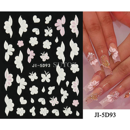 5D Flowers Nail Stickers Embossed Decals Simple Acrylic White Petal Golden Stripe Lines Art Manicure Decoration LEBJI-5D43 Leedoar