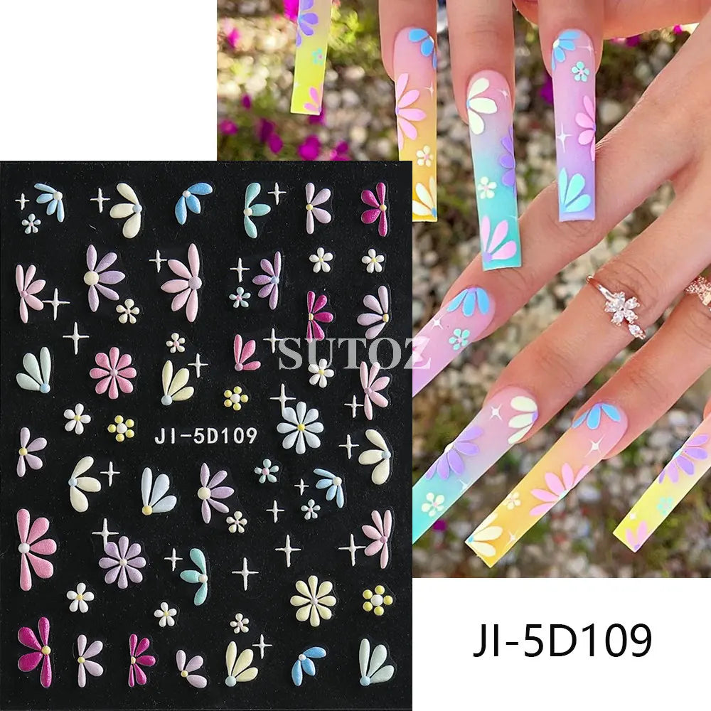 5D Flowers Nail Stickers Embossed Decals Simple Acrylic White Petal Golden Stripe Lines Art Manicure Decoration LEBJI-5D43 Leedoar