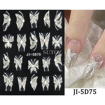 5D Flowers Nail Stickers Embossed Decals Simple Acrylic White Petal Golden Stripe Lines Art Manicure Decoration LEBJI-5D43 Leedoar