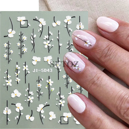 5D Flowers Nail Stickers Embossed Decals Simple Acrylic White Petal Golden Stripe Lines Art Manicure Decoration LEBJI-5D43 Leedoar