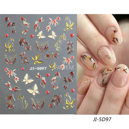 5D Flowers Nail Stickers Embossed Decals Simple Acrylic White Petal Golden Stripe Lines Art Manicure Decoration LEBJI-5D43 Leedoar