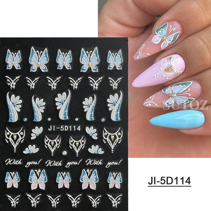 5D Flowers Nail Stickers Embossed Decals Simple Acrylic White Petal Golden Stripe Lines Art Manicure Decoration LEBJI-5D43 Leedoar