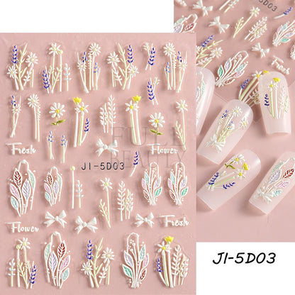 5D Flowers Nail Stickers Embossed Decals Simple Acrylic White Petal Golden Stripe Lines Art Manicure Decoration LEBJI-5D43 Leedoar