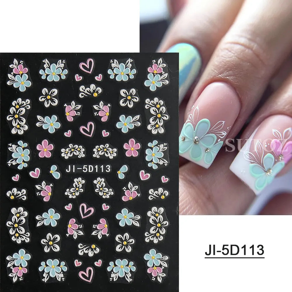 5D Flowers Nail Stickers Embossed Decals Simple Acrylic White Petal Golden Stripe Lines Art Manicure Decoration LEBJI-5D43 Leedoar