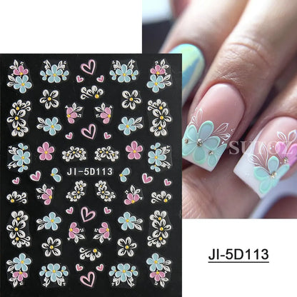 5D Flowers Nail Stickers Embossed Decals Simple Acrylic White Petal Golden Stripe Lines Art Manicure Decoration LEBJI-5D43 Leedoar