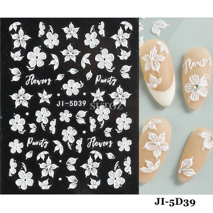 5D Flowers Nail Stickers Embossed Decals Simple Acrylic White Petal Golden Stripe Lines Art Manicure Decoration LEBJI-5D43 Leedoar