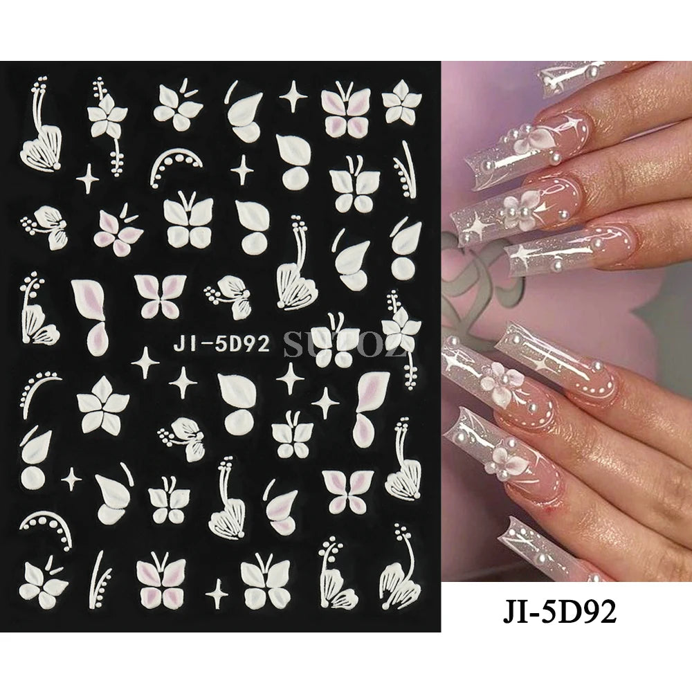 5D Flowers Nail Stickers Embossed Decals Simple Acrylic White Petal Golden Stripe Lines Art Manicure Decoration LEBJI-5D43 Leedoar