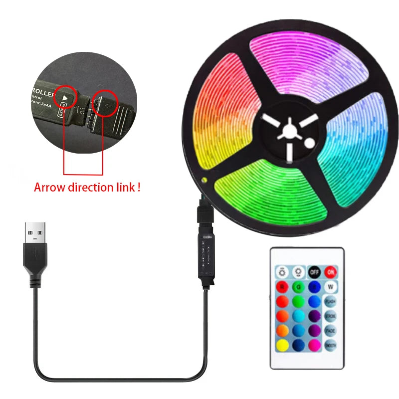 Barra de luz LED de 5 m con enchufe USB, 24 teclas, 5050 RGB multicolor, luz de fondo para TV, sala de juegos, decoración de fiesta familiar, luz de noche 