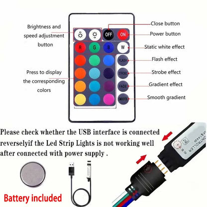 Barra de luz LED de 5 m con enchufe USB, 24 teclas, 5050 RGB multicolor, luz de fondo para TV, sala de juegos, decoración de fiesta familiar, luz de noche 