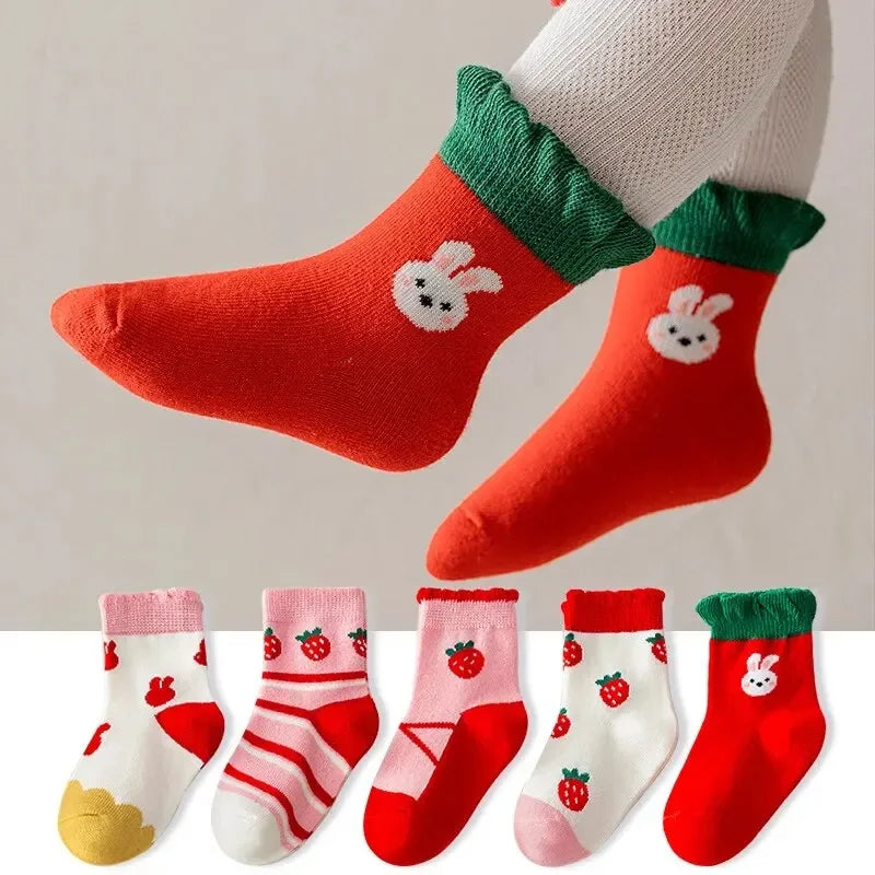 5Pairs Cute Stripe Carttoon Knit Warm Kids Socks For Girls Boys Children Socks Baby Flower Floral Short Socks Leedoar