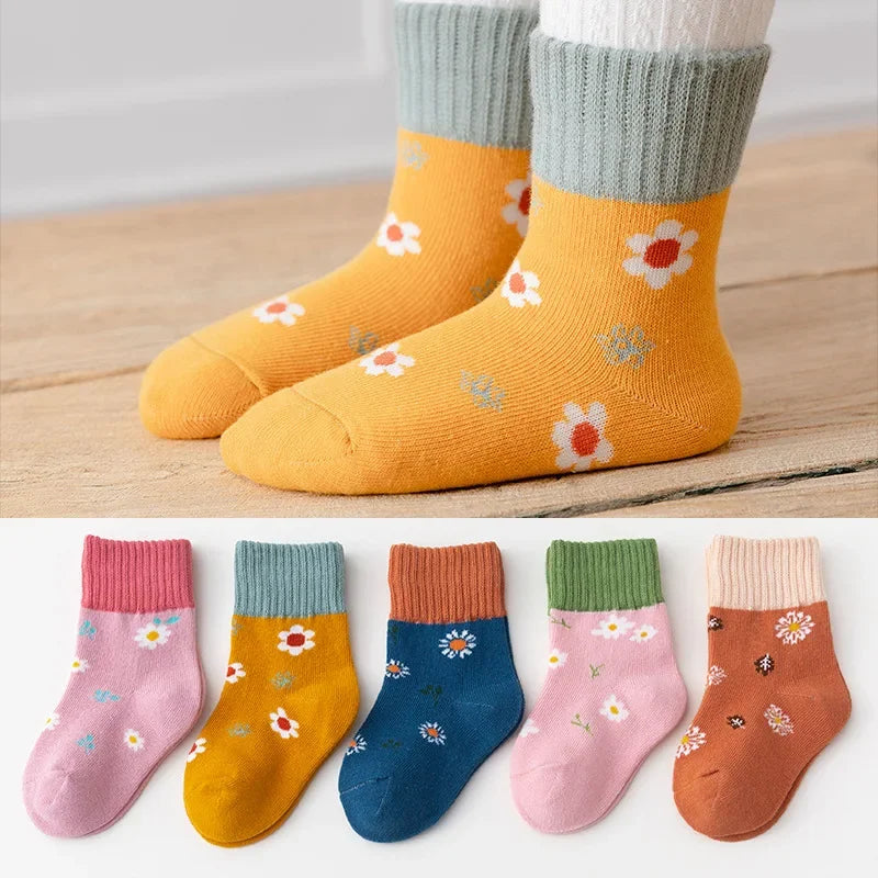 5Pairs Cute Stripe Carttoon Knit Warm Kids Socks For Girls Boys Children Socks Baby Flower Floral Short Socks Leedoar