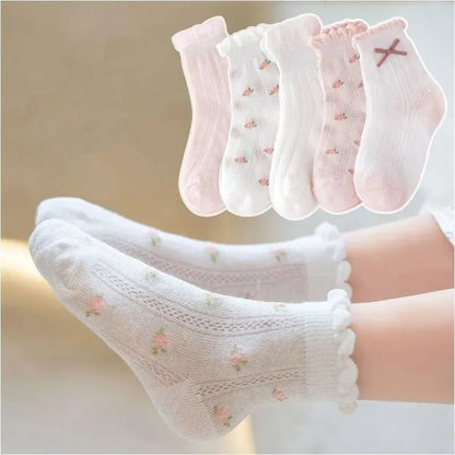 5Pairs/Lot Cute Kids Socks For Girls Boys Cotton Solid Princess Children Sock Casual Summer Mesh Thin Flower Cartoon Socks Leedoar