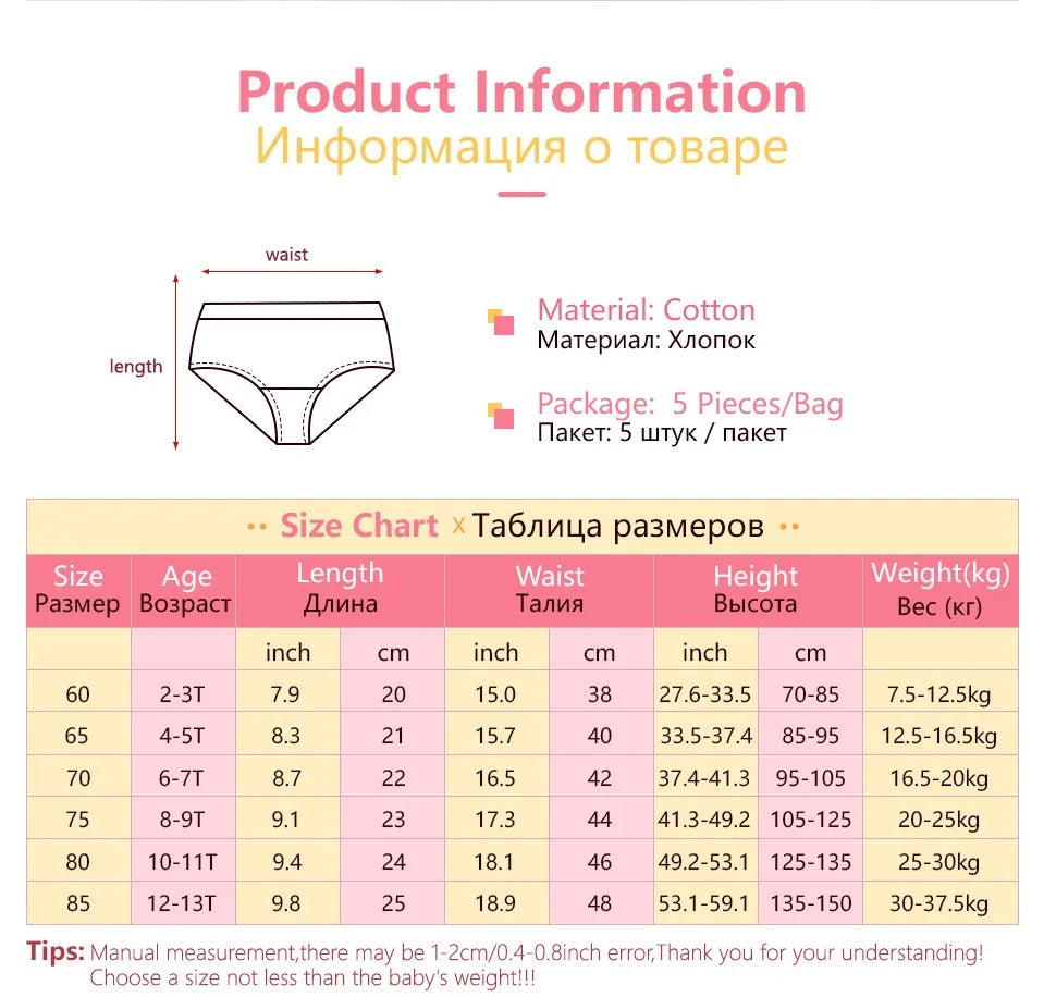 5Pcs/Lot Child Girls Underwear Melody Cartoon Cute Panties For Girl Cotton Toddlers Kids Triangle Panty Breathable Girls Briefs Leedoar