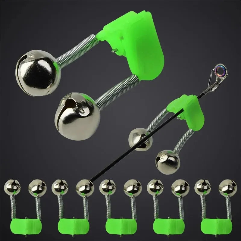 5pcs/lot Fishing Bite Alarms Fishing Rod Bell Rod Clamp Tip Clip Bells Ring Green ABS Fishing Accessory Outdoor Metal Leedoar