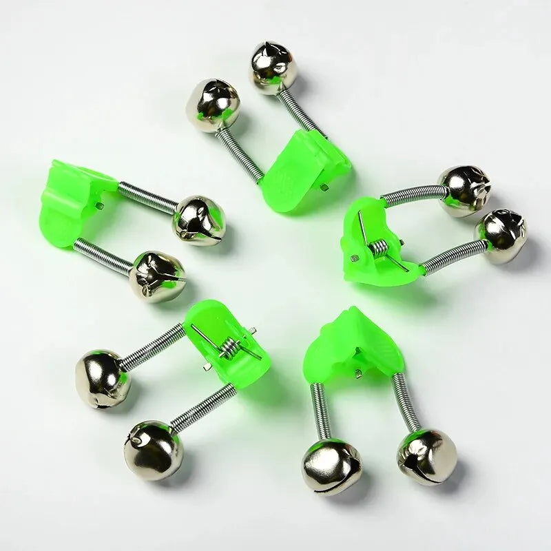 5pcs/lot Fishing Bite Alarms Fishing Rod Bell Rod Clamp Tip Clip Bells Ring Green ABS Fishing Accessory Outdoor Metal Leedoar