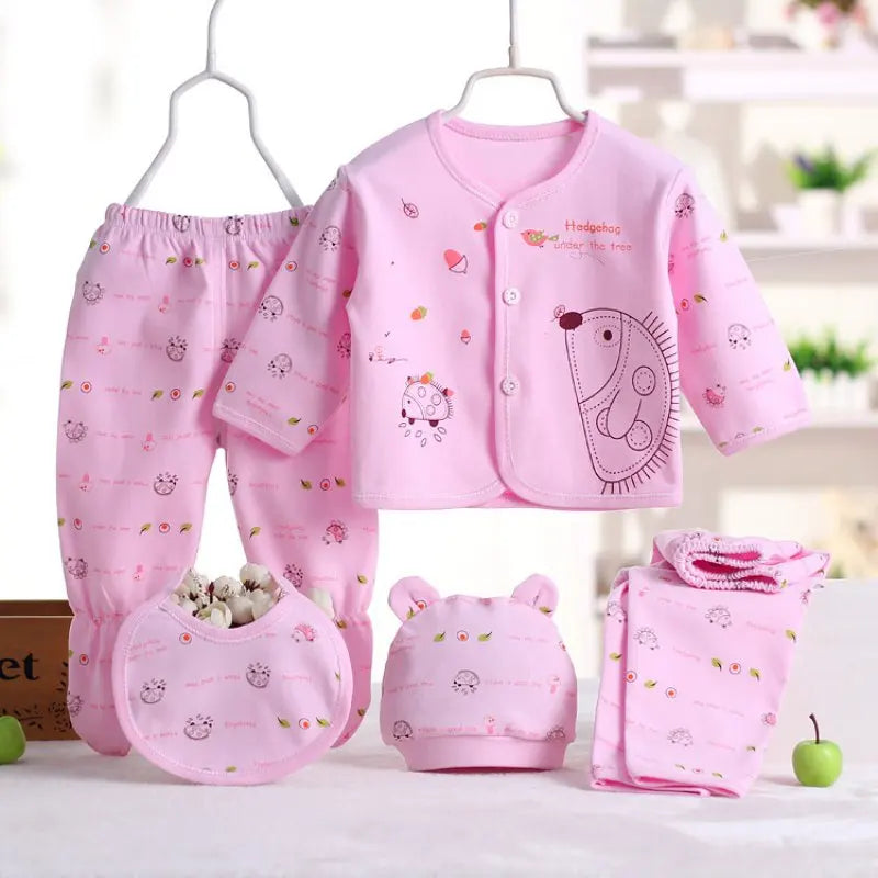 5pcs/set Newborn Baby Suit Set Top 2 Pants Hat Bibs 0-3 M Clothing Set Boy Girl Clothes Pure Cotton Breathable Cartoon Underwear Leedoar