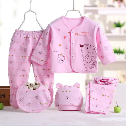 5pcs/set Newborn Baby Suit Set Top 2 Pants Hat Bibs 0-3 M Clothing Set Boy Girl Clothes Pure Cotton Breathable Cartoon Underwear Leedoar