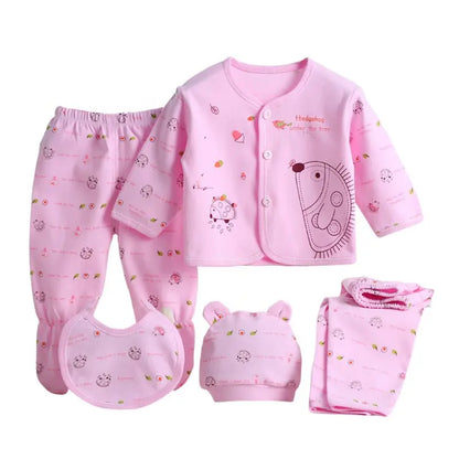 5pcs/set Newborn Baby Suit Set Top 2 Pants Hat Bibs 0-3 M Clothing Set Boy Girl Clothes Pure Cotton Breathable Cartoon Underwear Leedoar