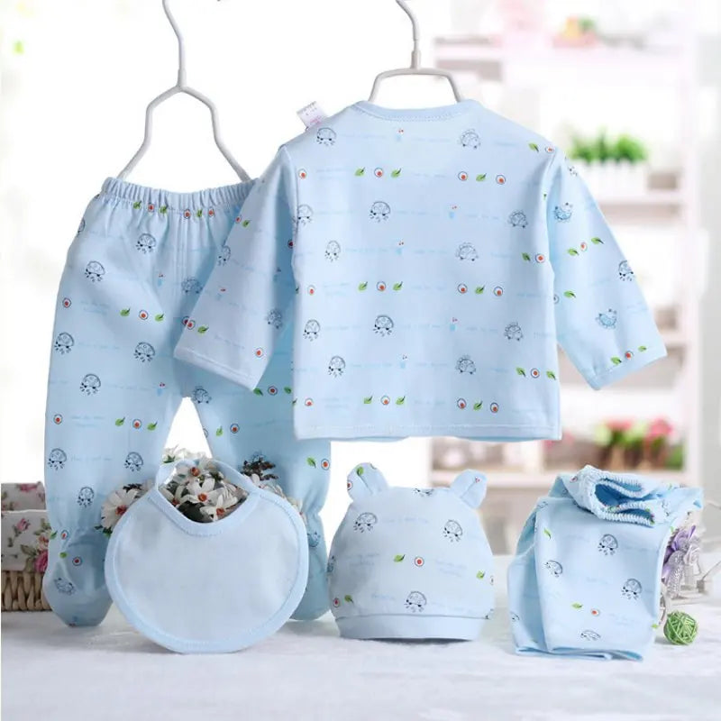 5pcs/set Newborn Baby Suit Set Top 2 Pants Hat Bibs 0-3 M Clothing Set Boy Girl Clothes Pure Cotton Breathable Cartoon Underwear Leedoar