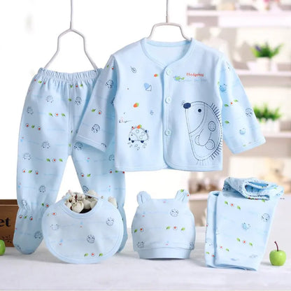 5pcs/set Newborn Baby Suit Set Top 2 Pants Hat Bibs 0-3 M Clothing Set Boy Girl Clothes Pure Cotton Breathable Cartoon Underwear Leedoar