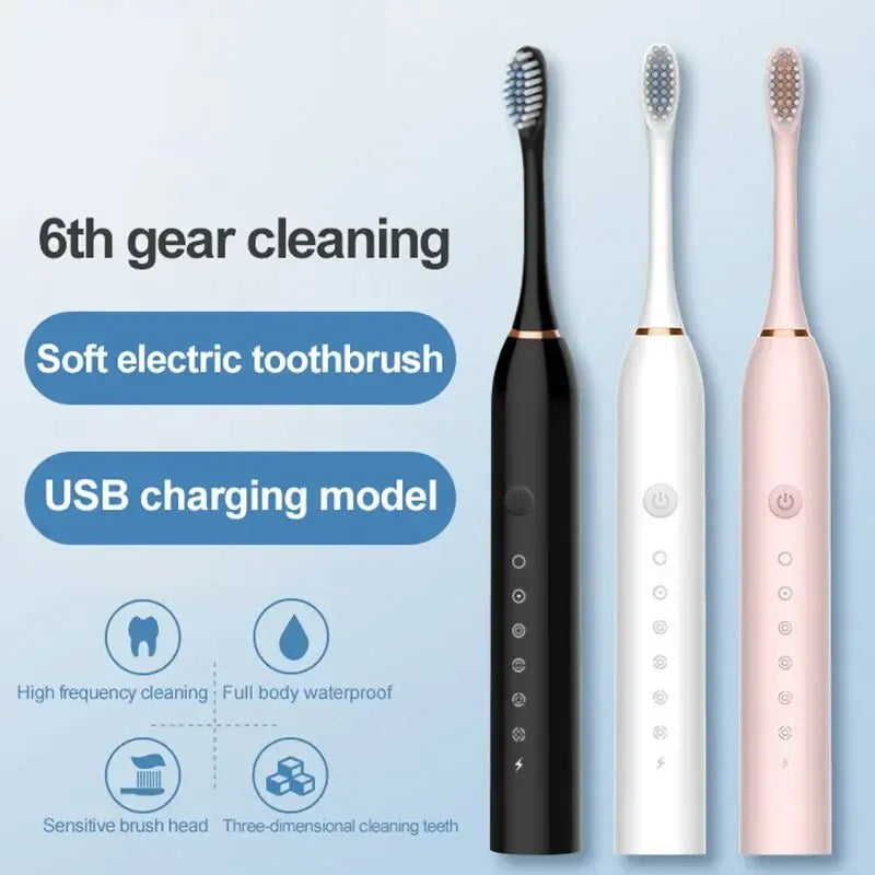 6 Gear Adult Powerful Ultrasonic Sonic Electric Toothbrush USBWaterproof Rechargeable Whitening Tooth Brush Washable 4 Brushes Leedoar