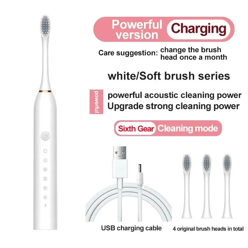 6 Gear Adult Powerful Ultrasonic Sonic Electric Toothbrush USBWaterproof Rechargeable Whitening Tooth Brush Washable 4 Brushes Leedoar