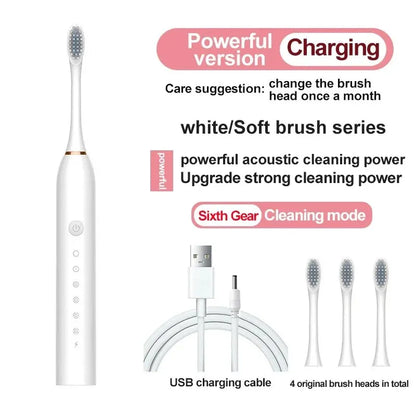 6 Gear Adult Powerful Ultrasonic Sonic Electric Toothbrush USBWaterproof Rechargeable Whitening Tooth Brush Washable 4 Brushes Leedoar