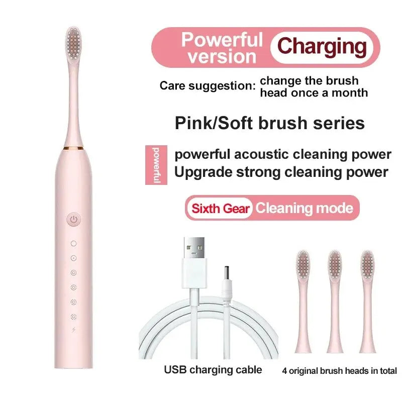 6 Gear Adult Powerful Ultrasonic Sonic Electric Toothbrush USBWaterproof Rechargeable Whitening Tooth Brush Washable 4 Brushes Leedoar