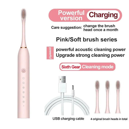 6 Gear Adult Powerful Ultrasonic Sonic Electric Toothbrush USBWaterproof Rechargeable Whitening Tooth Brush Washable 4 Brushes Leedoar