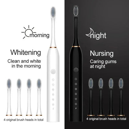 6 Gear Adult Powerful Ultrasonic Sonic Electric Toothbrush USBWaterproof Rechargeable Whitening Tooth Brush Washable 4 Brushes Leedoar