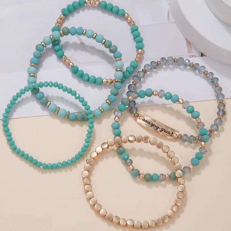 6 Pcs Set Turquoise Glass Beads Elastic Bracelet Faceted Acrylic Gold Color Square Matel Beads ID With Greeting Letters Bracelet Leedoar