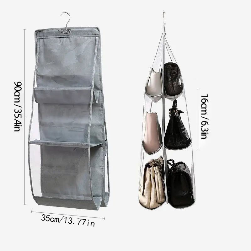 6 Pocket Hanging Handbag Organizer For Wardrobe Closet Gray Waterproof Storage Bag Door Wall Clear Sundry Bag With Hanger Pouch Leedoar