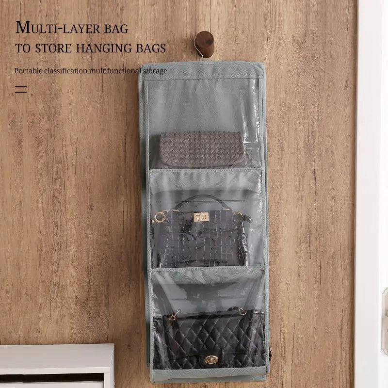 6 Pocket Hanging Handbag Organizer For Wardrobe Closet Gray Waterproof Storage Bag Door Wall Clear Sundry Bag With Hanger Pouch Leedoar