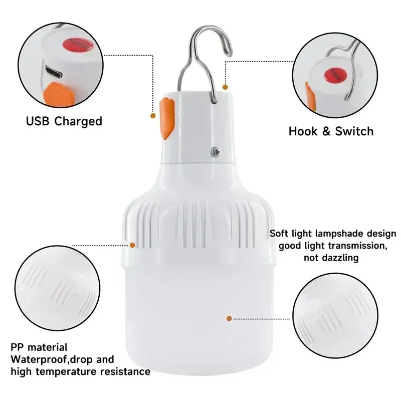 60W Luz de emergência para acampamento ao ar livre Suprimentos Edc Outdoor USB recarregável LED Lâmpada Lanterna Caminhadas Esportes Entretenimento 