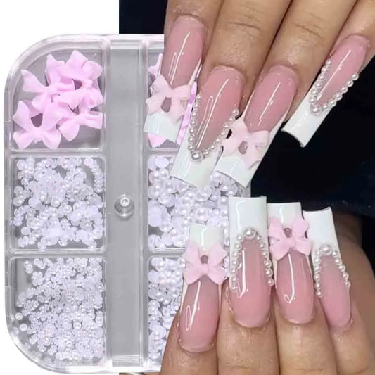 6Grid/Box Kawaii Mini Bow 3D Cute Nail Art Decoration Pink White Bowknot Ornament Nail Charm Designs Kawaii Accessories NFS-050 Leedoar