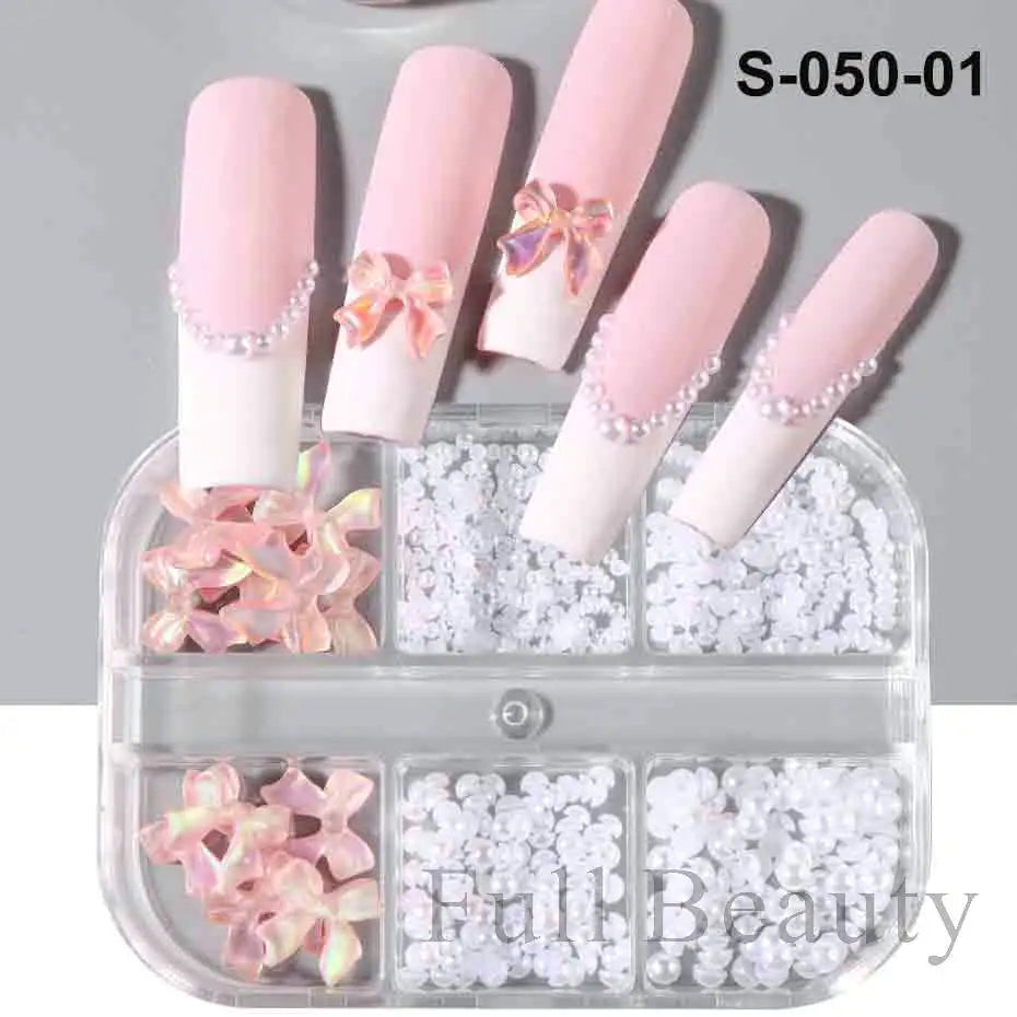 6Grid/Box Kawaii Mini Bow 3D Cute Nail Art Decoration Pink White Bowknot Ornament Nail Charm Designs Kawaii Accessories NFS-050 Leedoar