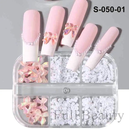 6Grid/Box Kawaii Mini Bow 3D Cute Nail Art Decoration Pink White Bowknot Ornament Nail Charm Designs Kawaii Accessories NFS-050 Leedoar