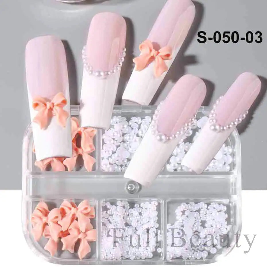 6Grid/Box Kawaii Mini Bow 3D Cute Nail Art Decoration Pink White Bowknot Ornament Nail Charm Designs Kawaii Accessories NFS-050 Leedoar