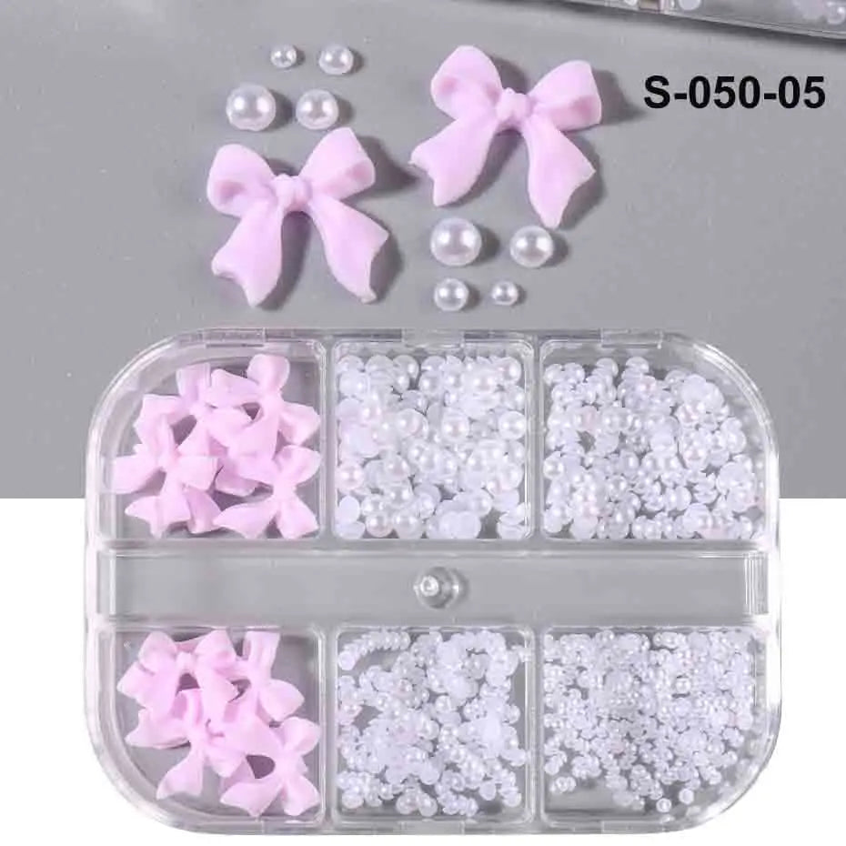 6Grid/Box Kawaii Mini Bow 3D Cute Nail Art Decoration Pink White Bowknot Ornament Nail Charm Designs Kawaii Accessories NFS-050 Leedoar