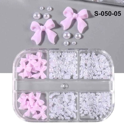 6Grid/Box Kawaii Mini Bow 3D Cute Nail Art Decoration Pink White Bowknot Ornament Nail Charm Designs Kawaii Accessories NFS-050 Leedoar