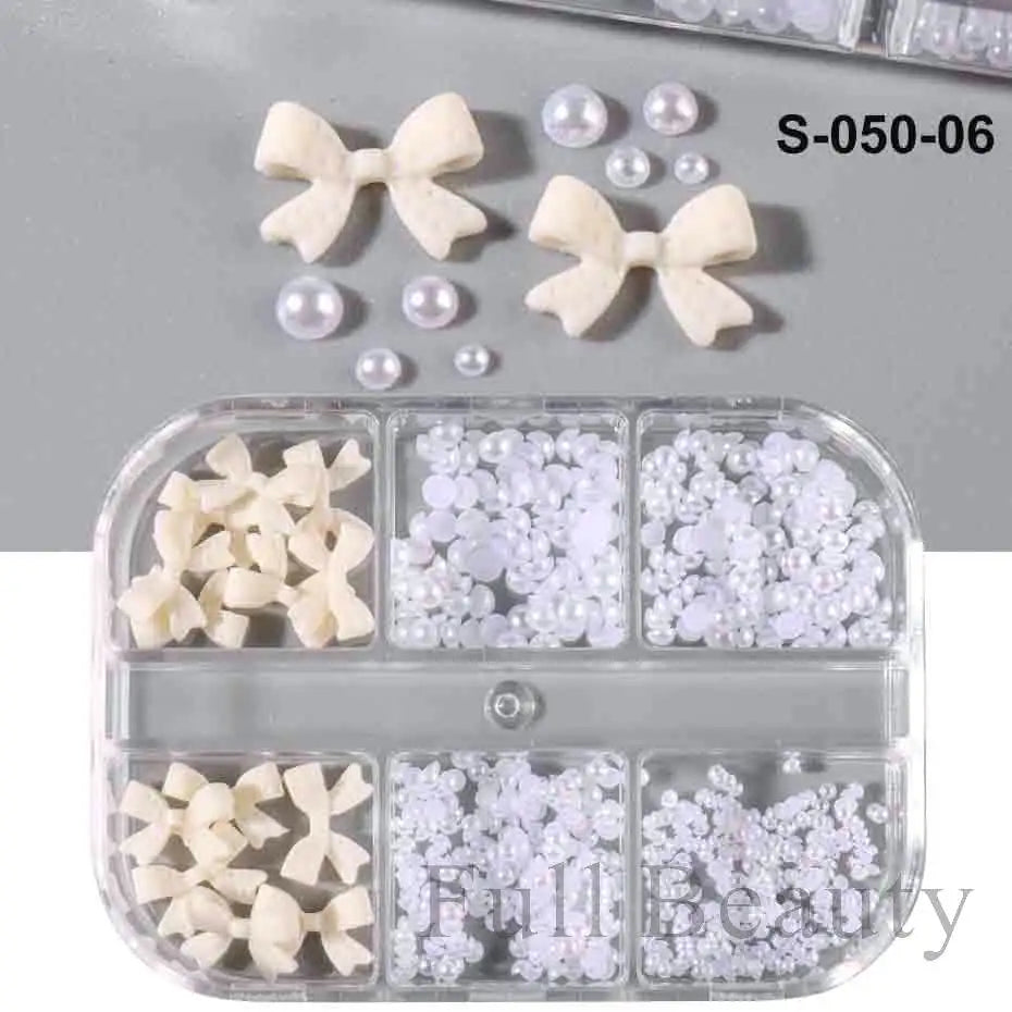 6Grid/Box Kawaii Mini Bow 3D Cute Nail Art Decoration Pink White Bowknot Ornament Nail Charm Designs Kawaii Accessories NFS-050 Leedoar