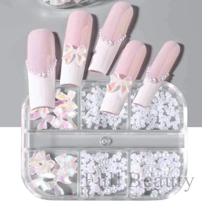 6Grid/Box Kawaii Mini Bow 3D Cute Nail Art Decoration Pink White Bowknot Ornament Nail Charm Designs Kawaii Accessories NFS-050 Leedoar