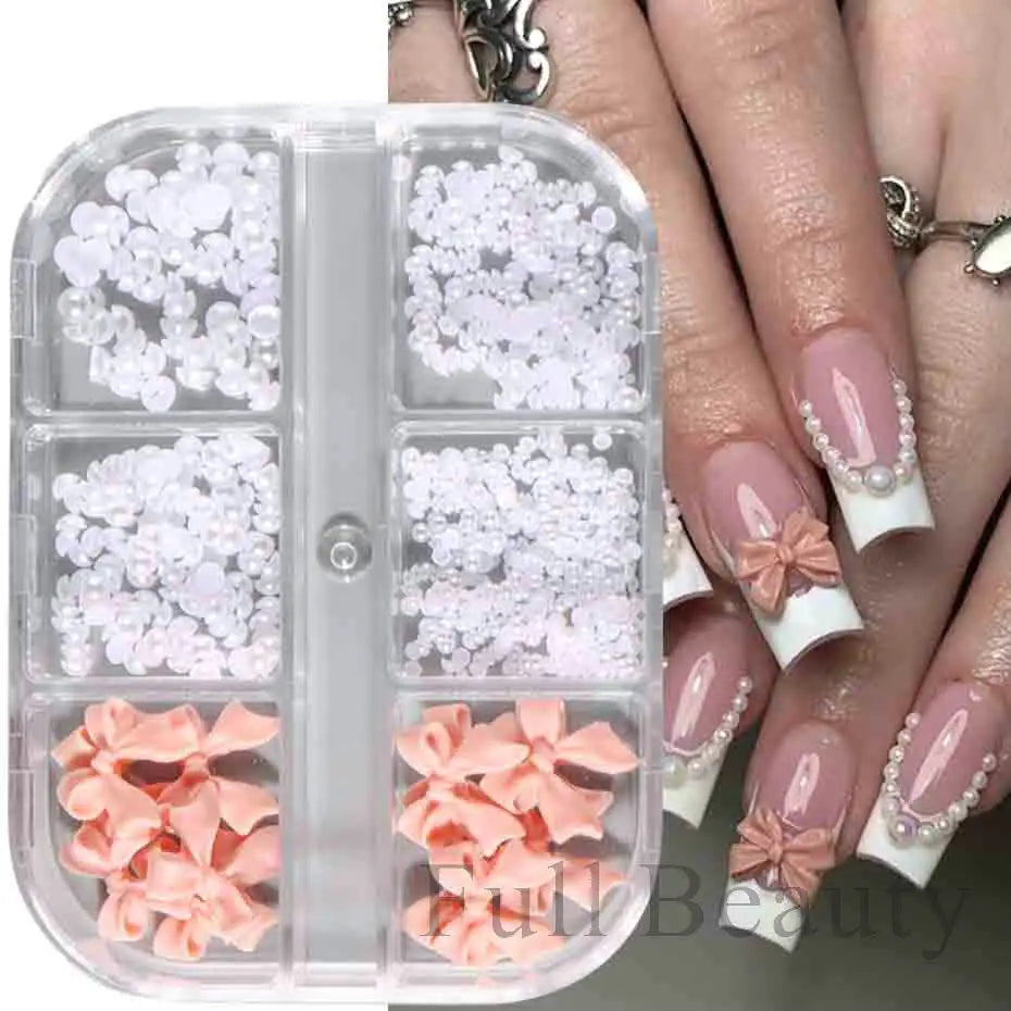 6Grid/Box Kawaii Mini Bow 3D Cute Nail Art Decoration Pink White Bowknot Ornament Nail Charm Designs Kawaii Accessories NFS-050 Leedoar