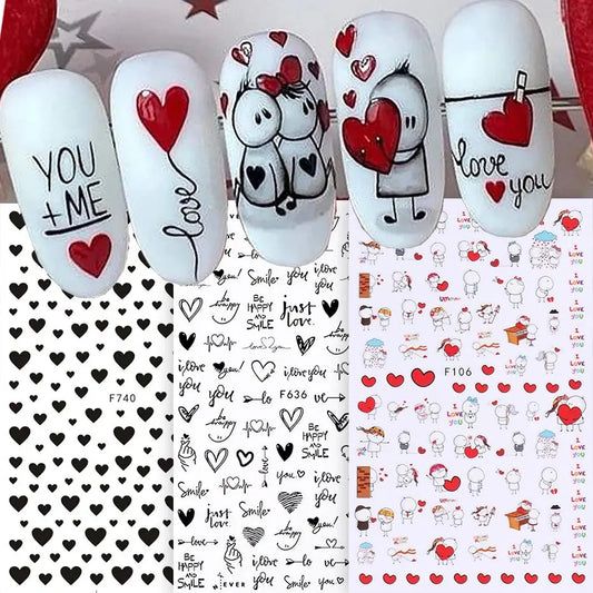 6 piezas de pegatinas 3D para decoración de uñas con diseño de letras de San Valentín para amantes de las niñas, pegatinas deslizantes de dibujos animados para envolver completamente en el teléfono, accesorios para decoración de uñas 