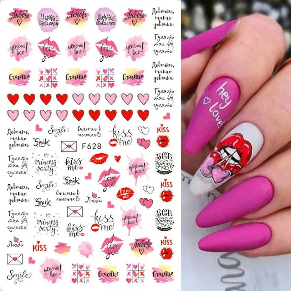 6PCS 3D Valentines Day Nail Art Sticker Lover Letter Cute Girl Cartoon Slider Full Wrap Stickers On Phone Nail Art Accessories Leedoar