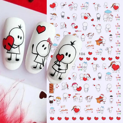 6PCS 3D Valentines Day Nail Art Sticker Lover Letter Cute Girl Cartoon Slider Full Wrap Stickers On Phone Nail Art Accessories Leedoar