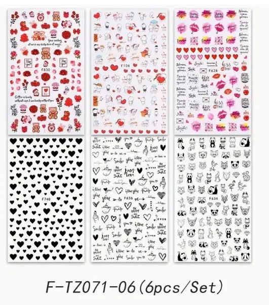 6PCS 3D Valentines Day Nail Art Sticker Lover Letter Cute Girl Cartoon Slider Full Wrap Stickers On Phone Nail Art Accessories Leedoar