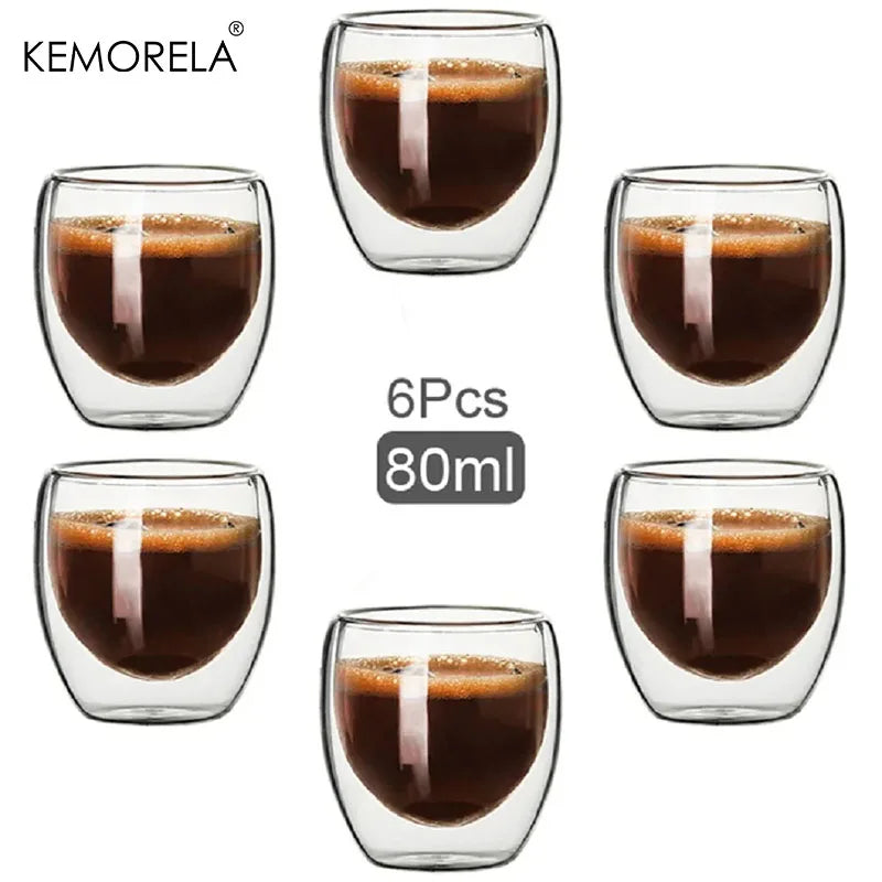 6PCS 80ML/2.7OZ Creative Coffee Cups High Borosilicate Double-layer Espresso Glass Cup Transparent Drink Cup Insulated Water Cup Leedoar